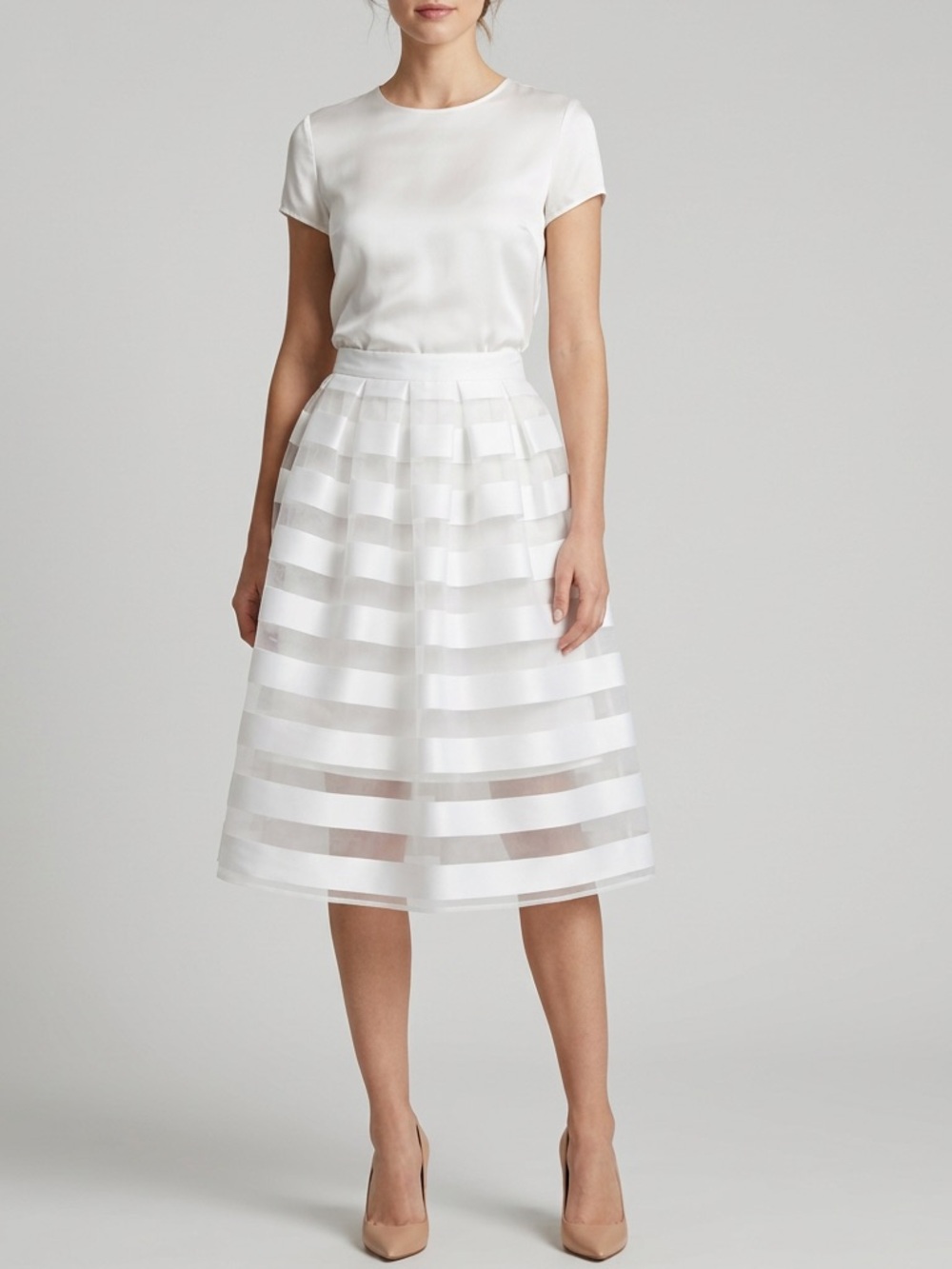 Topshop White Sheer Stripe A-Line Midi Skirt Sz 6 Waist 30in Summer